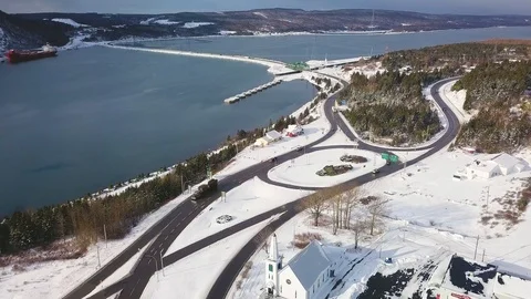 Aerial Shot of bridge and lock with snow and water, Nova Scotia, Canada Stock Footage 101649589