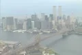 Aerial shot of the Brooklyn Bridge and World Trade Center twin towers Footage
