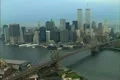 Aerial shot of the Brooklyn Bridge and World Trade Center twin towers Footage