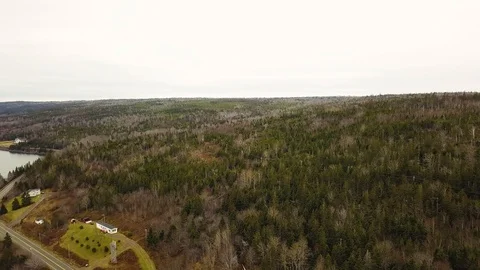 Aerial shot of brown tree forests with river in Autumn , Nova Scotia, Canada Stock Footage 102247368