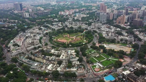 An aerial shot of the busy street at Connaught Place in New Delhi, India Stock Footage