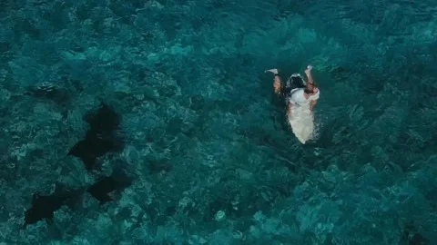 Aerial shot capturing man soaring above colorful underwater landscape Stock Footage 322033540