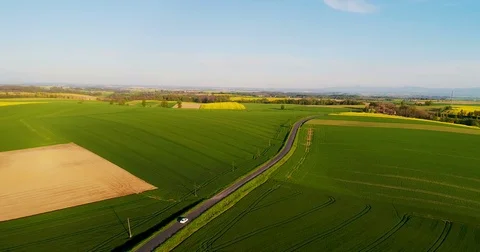 Aerial shot of car passing road. Stock Footage