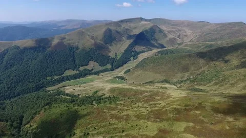 Aerial shot of the Carpathian range with pine forest and lawns Stock Footage 86610752