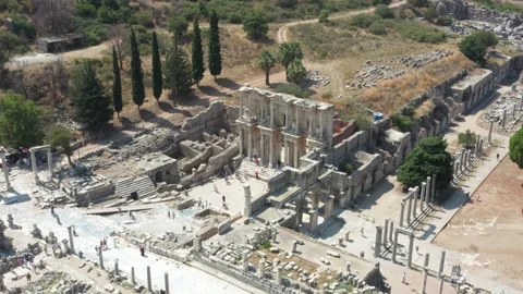 Aerial shot of the Celsus Library in Ancient City Ephesus Izmir Stock Footage 208032944