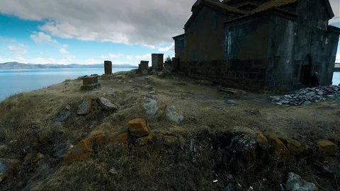 Aerial shot of church on sevan lake Stock Footage 102005734