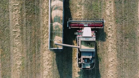 Aerial shot of combine loading off corn grains into tractor trailer Stock-Footage 169537956