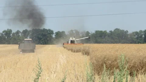 Aerial shot of combine loading off corn grains into tractor trailer Stock Footage 251999623