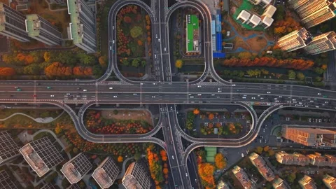 Aerial shot of complex freeway interchange with flowing traffic in Hangzhou Stock-Footage 332831939