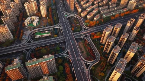 Aerial shot of complex freeway interchange with flowing traffic in Hangzhou Stock Footage 332831964