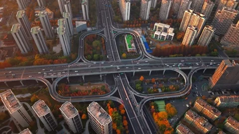 Aerial shot of complex freeway interchange with flowing traffic in Hangzhou Stock-Footage 332832066