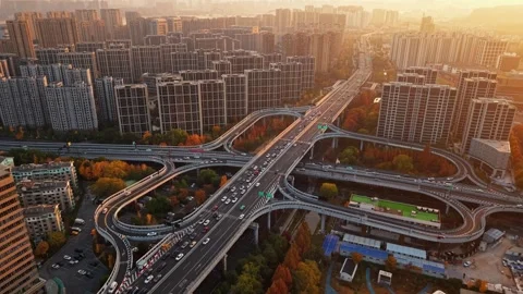 Aerial shot of complex freeway interchange with flowing traffic in Hangzhou Stock-Footage 332832115