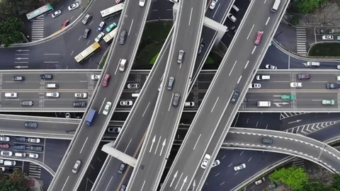 Aerial shot of complex stacked interchange at Chinese city, look straight down Stock Footage 92618616