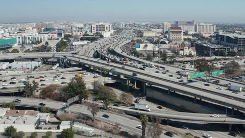 Aerial shot of congested, busy, crowded commuting cars in urban Los Angeles Stock Footage 273746482