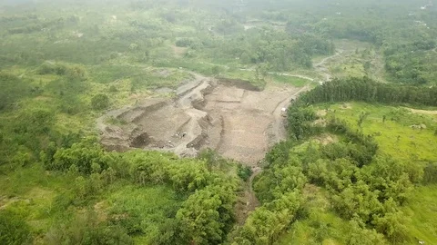 Aerial shot of construction site in Mount Merapi,Yogyakarta, Indonesia Stock Footage 92317337