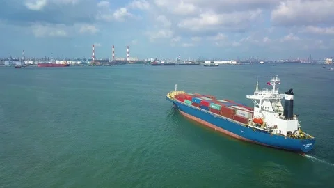 Aerial shot of container ship leaving container port, Singapore Stock Footage 106081691