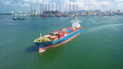 Aerial shot of container ship leaving container port, Singapore Stock Footage 106081848