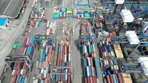 Aerial shot of the container terminal of Dar es Salaam with view on the city Stock Footage 229652653
