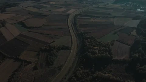 Aerial shot of countryside fields during autumn Stock Footage 141698093