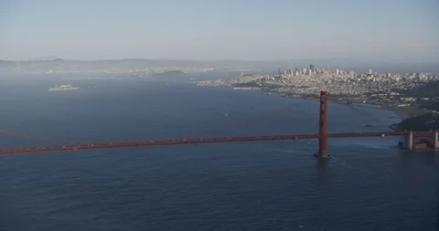 Aerial shot, day, distant view of golden gate bridge and san francisco at Stock Footage 115209108