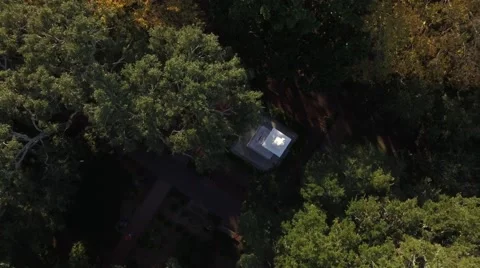 Aerial Shot Descending Between the Trees Focused on an Alabaster Statue in a Tow Stock Footage 57706545