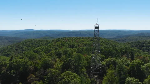 Aerial Shot Of Devil's Knob Lookout Tower At Daytime In Arkansas, USA Stock Footage 328071252
