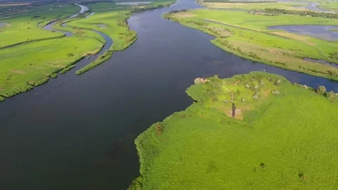 Aerial shot of the Dnipro riverbed with fork looking inflows on a sunny day in s Stock Footage 87179697