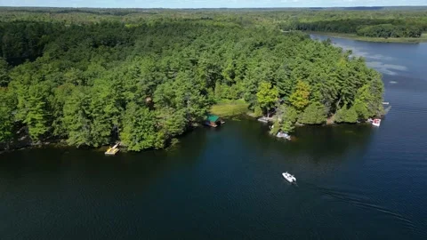 Aerial Shot of Docks and a Small Boat in a Wooded Lake Cove Stock-Footage 338325114