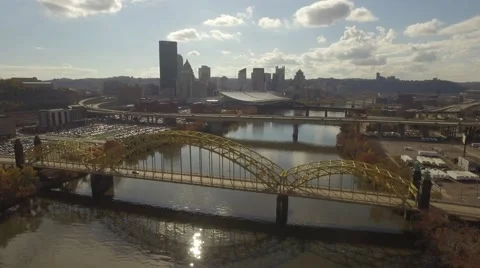 Aerial Shot Down River to David L. Lawrence Center Stock Footage 56919493