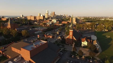 Aerial Shot of Downtown Cleveland - Ohio City Magic Hour Stock Footage