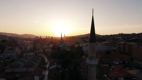 Aerial Shot - Dramatic Sunset at a mosque in Sarajevo. Ramadan Stock Footage 88135468