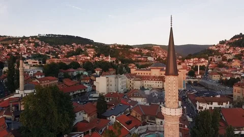 Aerial Shot - Dramatic Sunset at a mosque in Sarajevo. Ramadan Stock Footage 88135561