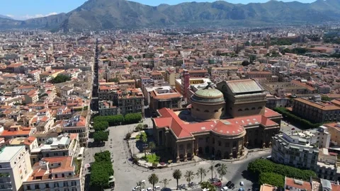 Aerial shot drone orbits to the left around Teatro Massimo in Palermo Stock Footage 245231806