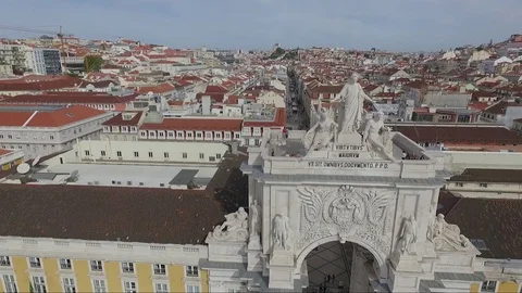 Aerial shot drone view of Praça do Comércio in Lisbon Portugal getting further Stock Footage 85534069