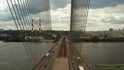 Aerial Shot drone view Span inside the south bridge between the strained ropes Stock Footage 112153664