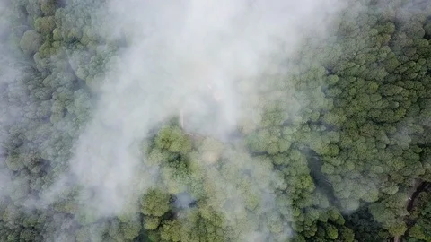 Aerial shot dropping through the clouds above a blue lake in Alishan, Taiwan. Stock Footage 93662438