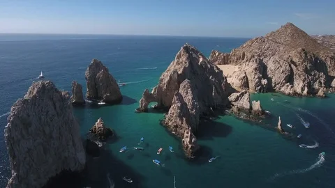 Aerial shot of El Arco arch. Cliffs and rocks - Cabo San Lucas, Mexico Stock Footage