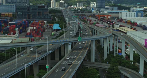 Aerial shot of elevated overpass built in Yantian port, China Stock Footage 237779567