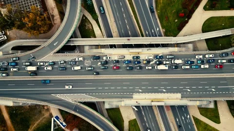 Aerial shot of elevated road junction. Drone footage of top view of Highway.. Vidéo 225734945