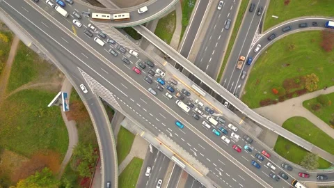 Aerial shot of elevated road junction. Drone footage of top view of Highway.. Vidéo 225735403