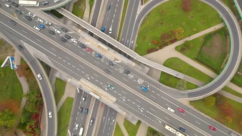 Aerial shot of elevated road junction. Drone footage of top view of Highway.. Vidéo 225735540