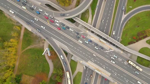 Aerial shot of elevated road junction. Drone footage of top view of Highway.. Vidéo 225736447