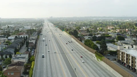 Aerial shot of empty LA highway during afternoon on a sunny day, USA 2020 Stock Footage 135339403
