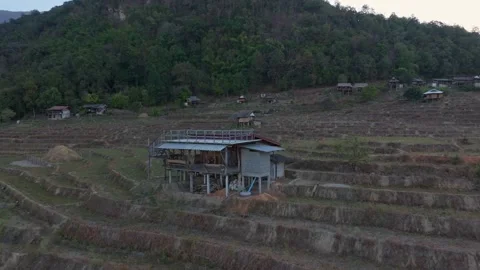 Aerial shot of empty rice plots and misty hills at dawn, Thailand 스톡 동영상 309113938