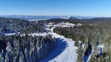 Aerial shot of an empty ski slope, ski resort and pine forest Stock Footage 86078513