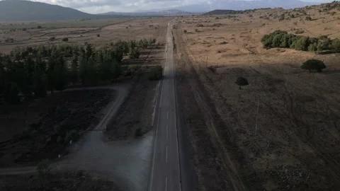 Aerial shot of empty street with tree and landscape in the side of road at Stock Footage 171900576