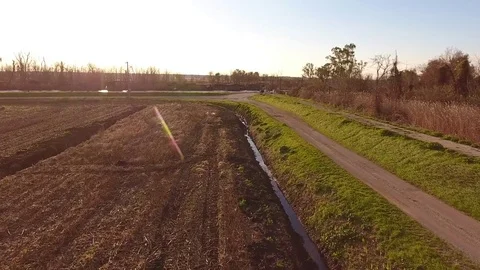 Aerial shot, fall landscape, flying above fields and a huge lake Vídeo Stock 79665100