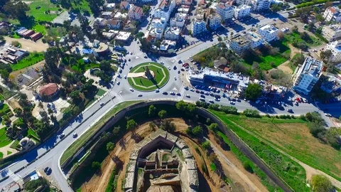 Aerial shot of Famagusta Roundabout, Old town of Famagusta  Northern Cyprus. Stock Footage