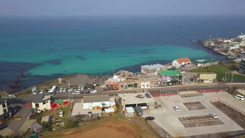 Aerial shot of fields, beach and seaside village,Jeju Island,South Korea Stock Footage 245953552