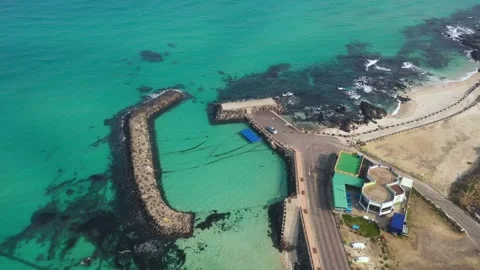 Aerial shot of fields, beach and seaside village,Jeju Island,South Korea Stock Footage 245953603